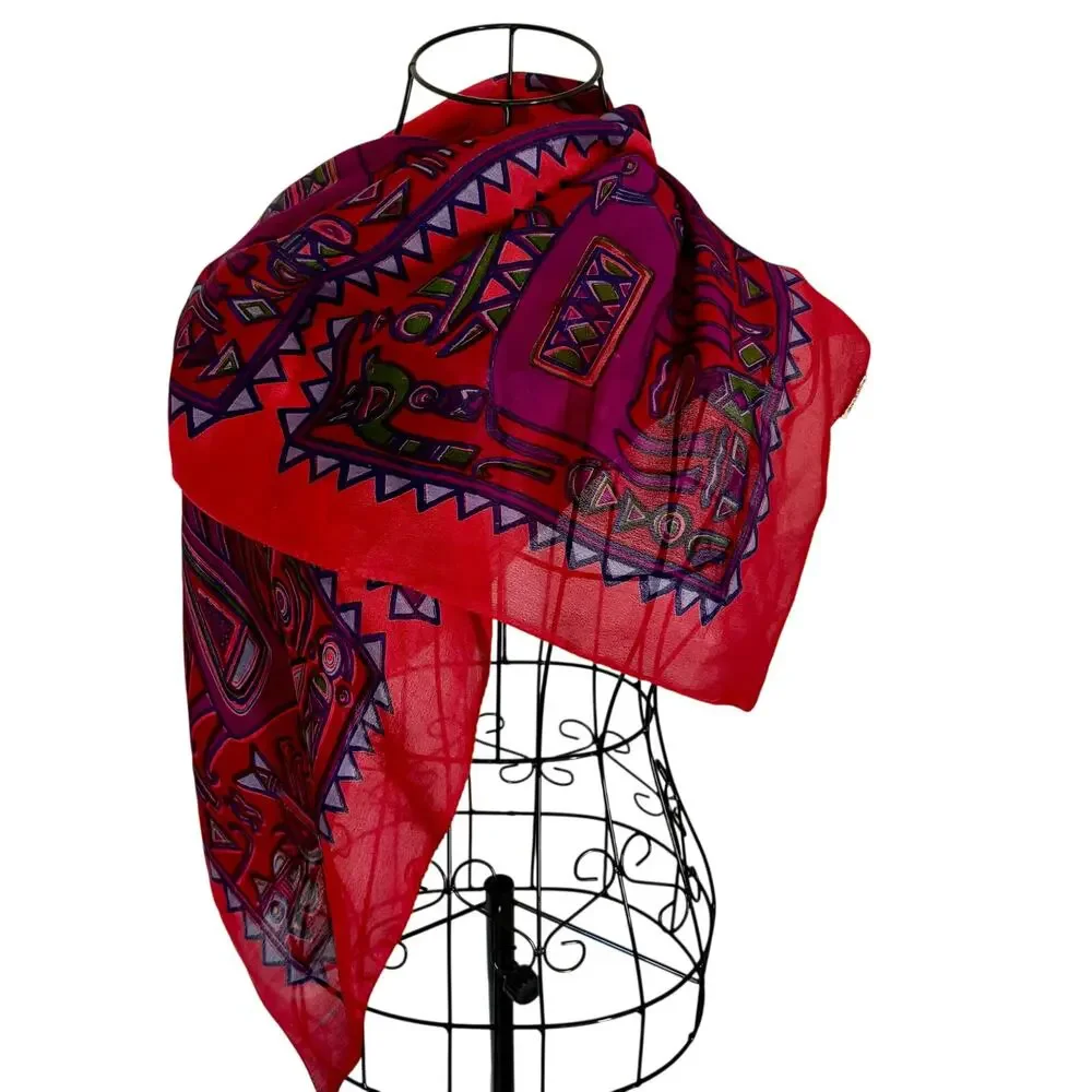RAGA NY !00% Woven Silk Scarf Wrap Shawl Native Art Southwest Boho Lagenlook